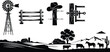 © Shilpi - Western ranch and rural countryside landscape black silhouette vector set featuring windmill cowboy hat and farm livestock