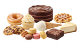 Assorted sweet desserts collection, chocolate cake and vanilla cupcake with ice cream cone, gourmet bakery treats and sugar snacks isolated PNG with Transparent Background