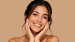 © Vyatcheslav - Close up portrait of smiling young woman touching her face. Natural beauty and healthy glowing skin concept on beige background