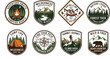 © mdferozhossain - Outdoor Adventure and Mountain Camping Badge Icon Set with Campfire Tent Compass Hiking Boots and Bear Symbols for Wilderness Graphic Designs