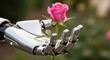© QaysarMalik - Robotic hand gently holding a delicate pink rose with water droplets in an outdoor garden setting, symbolizing future technology and nature.