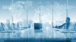 © kanesuan - Modern business conference room with panoramic city skyline and world map display