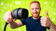 © Aurora Aesthetics - electric vehicle charging plug man doodle energy technology sustainable transport Smiling user gives a thumbs up presenting a connector for mobility infrastructure and automotive advertising campaigns