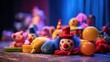 © Ryo - comedy. Circus clown props and colorful toys scattered playfully on a stage floor. event programs, museum guides, designed for cultural heritage projects and event programs.