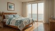 © Sona - Modern bedroom with large window and balcony, bright space, cozy atmosphere, wooden furniture, and minimalist decor.