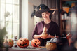 © Konstantin Yuganov - Smiling Woman in Witch Hat Celebrating Halloween with Pumpkins