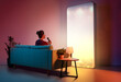 © Konstantin Yuganov - Woman Singing Karaoke at Home on Couch With Giant Smartphone Screen