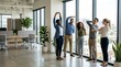 © ArtByPassa - A diverse group of cheerful professionals doing light stretches in a modern, sunlit office, promoting workplace wellness and active breaks.