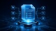 © Ridwan_DigitalGrid - Glowing blue holographic documents with workflow icons representing digital file management system and automated data processing