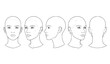 © Nirmol - Human Head Line Art Set – Black Outline Vector of Face from Multiple Angles for Anatomy and Design Reference