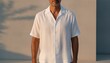 © QuoDesign - Latino man wearing a blank white button down short sleeve shirt on a sunlit coastal villa terrace