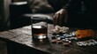 © Dragon42 - Glass of Whiskey and Medications on a Wooden Table Surface