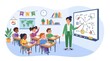 © Buat - Diverse elementary students learning with teacher in modern classroom. Engaged children participating in interactive whiteboard lesson with educati...