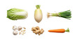 © SHAKIL - Fresh vegetables including napa cabbage daikon radish green onions garlic ginger and carrot on a clean surface