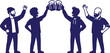 © manosh - Silhouettes of four friends cheering and celebrating with mugs of beer at a social gathering or party celebration socializing together