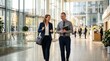 © haris - Two smiling business professionals walk and talk in a bright, modern office building lobby, discussing work in a corporate environment.