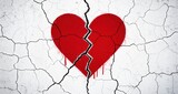 Broken red heart symbol on cracked white wall background. Symbol of lost love grief pain and relationship breakup. Sadness loneliness sorrow despair.

