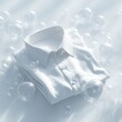 © nattapon - A neatly folded white shirt surrounded by delicate bubbles on a light background, ideal for clothing advertisements, laundry services, or fashion blogs promoting freshness,