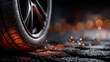 © syhin_stas - Car wheel braking suddenly on rough asphalt road creating dynamic sparks and smoke, representing concepts of emergency, speed, danger, and challenging situations