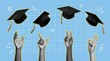 © NovaShots - Sketch template artwork featuring graduate student hands throwing up academic caps.