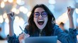© PixelPulse Creative - Overjoyed young woman with glasses celebrating victory at desk holding stylus tablet computer with fists raised yelling in excitement