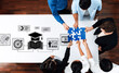 © InfiniteFlow - Collaborative Teamwork in Education with Puzzle Pieces and Digital Learning Icons on a Table. Bitwise.