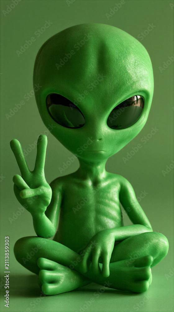 Cute Green Alien Showing Peace Sign 3D Extraterrestrial Character ...