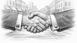 © Project World - Sketch of a handshake of two people wearing suits and double cuff formal white shirts, along with cufflinks, representing a successful deal