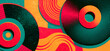 © Audrey - Teal, orange, and pink retro vinyl record background, music party banner design with a grainy texture, abstract summer vibe, dynamic and retro feel