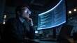© pixora - Focused software developer working on computer code at night looking at curved monitor in dark office