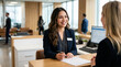 © Len_mik - Smiling female employee with name tag assisting customer at counter. Corporate representative holding pen over document in modern office
