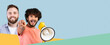 © Prostock-studio - Excited Young Male With Curly Hair, Smiling And Pointing At Camera While Holding A Megaphone In A Studio Setting. Emphasizing Energy And Enthusiasm, Creating A Business And Marketing Concept.
