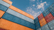 © DigitalPenTH - Colorful Shipping Containers Stacked Against Blue Sky