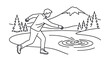 © Bromen - Man skipping stones across calm lake in mountain valley.