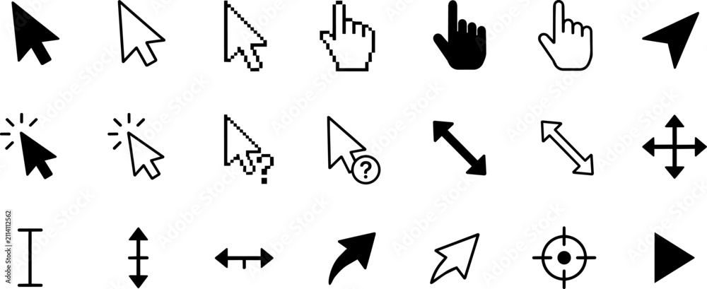 Isolated Computer cursor icon set, black and white mouse pointer ...