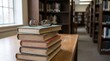 © Rendara Studio - Stack of worn hardcover books with reading glasses in quiet library aisle