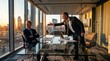 © photoplotnikov - Two businessmen arguing in glass boardroom with city skyline at sunset, one standing and gesturing across conference table while other sits with arms crossed during tense negotiation