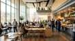 © Arham - Blurred cafeteria dining hall university food court people lunch break corporate canteen modern interior restaurant background abstract crowd