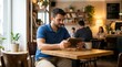 © Manhatree - Man using tablet and drinking coffee in a cafe