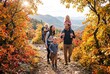 © Kritthee - Joyful Family Adventure: Parents and Kids Laughing while Hiking a Scenic Mountain Trail in Vibrant Autumn Foliage