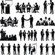 © ShuvoKumar - Large collection of business people silhouettes in office meetings presentations conference lectures team handshakes isolated on white background vector illustration set
