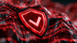 © Maksym Tereshchenko - Modern cybersecurity artwork with a glowing red shield emitting soft internal light, clean verification checkmark, layered digital wave textures, abstract network connections and luminous particles