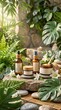 © Chaithat - Tranquil spa setup featuring organic skincare items nestled among vibrant foliage and smooth stones