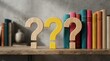 © Paul - Vibrant books lined up next to three wooden question marks on a wooden surface.