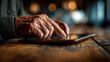 © Tahsin - Close up of an elderly person hands typing on a digital tablet screen at wooden table