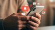 © Nusrat - Smartphone held in hands with floating notification icons and alerts smartphone notification communication technology internet connection interaction engagement