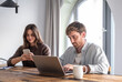 © luciano - Young adult couple working remotely at home with laptop and smartphone, collaborating on projects, staying connected, and managing business from a flexible workspace