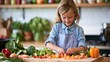 © Thares2020 - A young girl wearing an apron is chopping colorful vegetables on a wooden cutting board in a bright kitchen