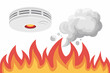 © Stock Soul - Un dispositivo detector de humo activado por un incendio con llamas ascendentes y nubes de humo sobre un fondo blanco