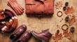 © Raphael - Autumn Fashion Essentials: A stylish flat lay arrangement featuring warm-toned autumn apparel and accessories, including a leather coat, scarf, gloves, boots, pinecones, and fallen leaves.
